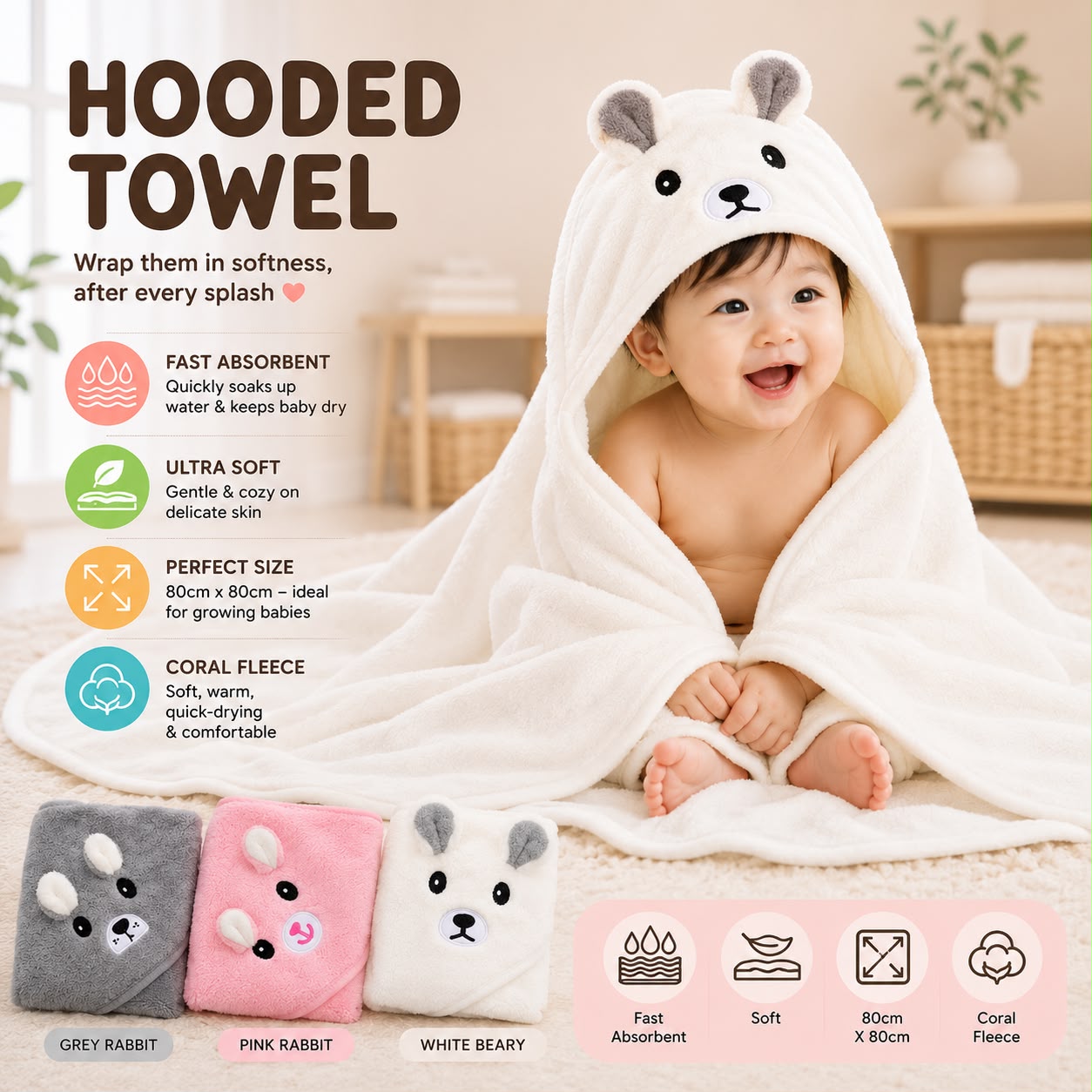 U:Baby Adorable Animal Buddy Soft Hooded Towel